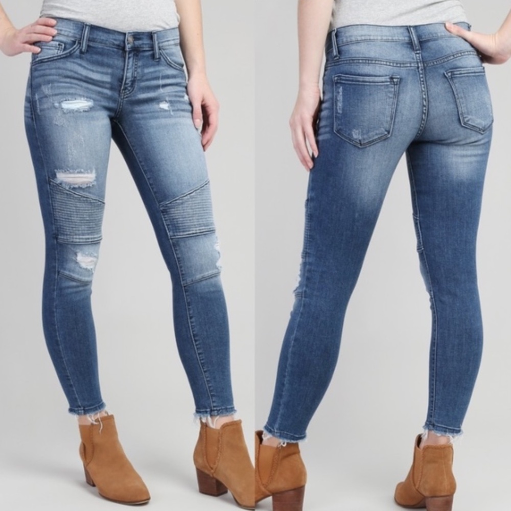 KANCAN Medium Blue Distressed Moto Skinny Jeans KC11022 24